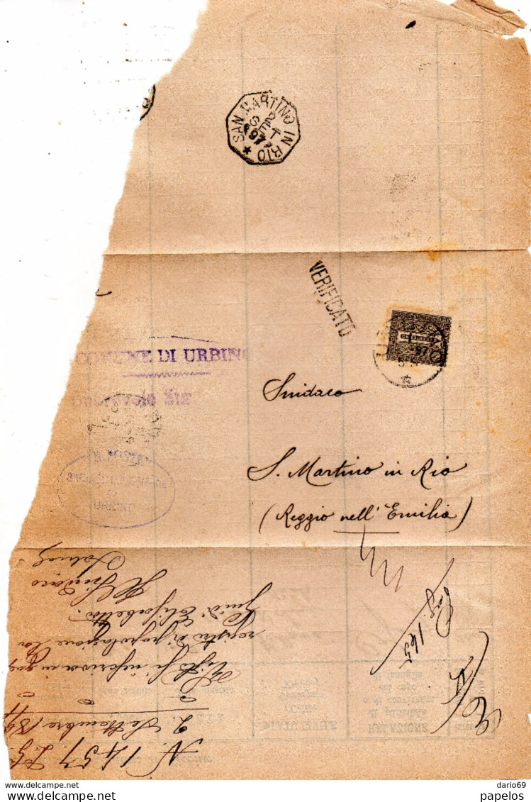 1897   LETTERA CON ANNULLO URBINO + VERIFICATO - Marcofilía