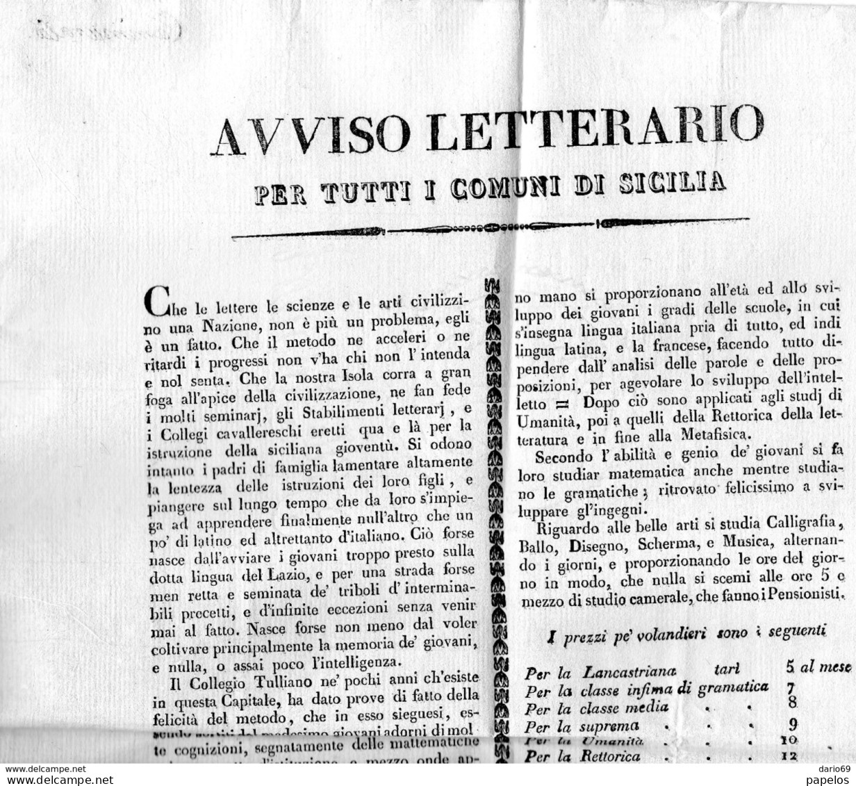 MANIFESTO - AVVISO  LETTERARIO PER TUTTI I COMUNI DI SICILIA - Historical Documents