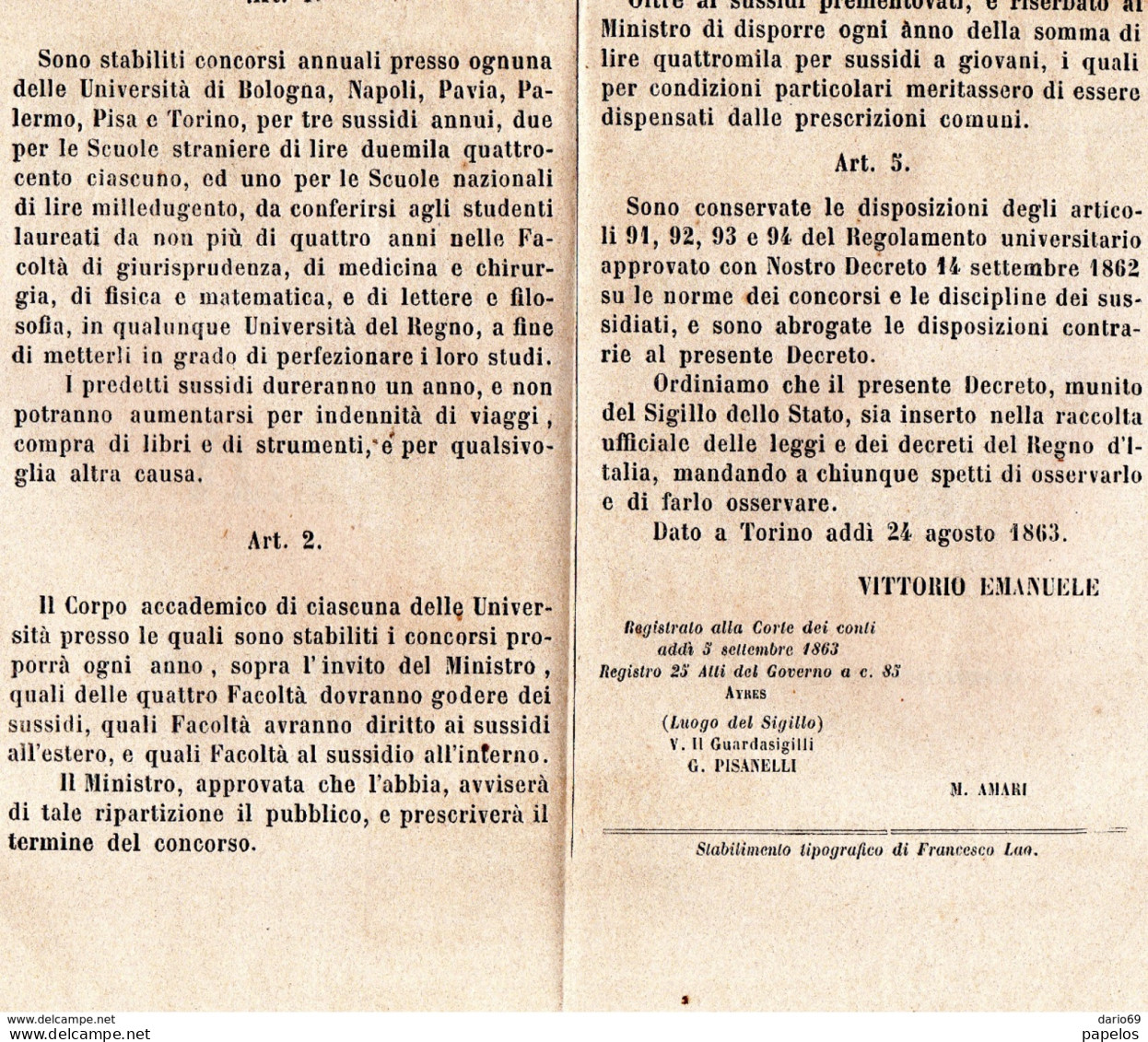 1863 MANIFESTO VITTORIO EMANUELE II - DECRETO REGOLAMENTO UNIVERSITARIO INTORNO AI SUSSIDI AGLI STUDENTI - Gesetze & Erlasse