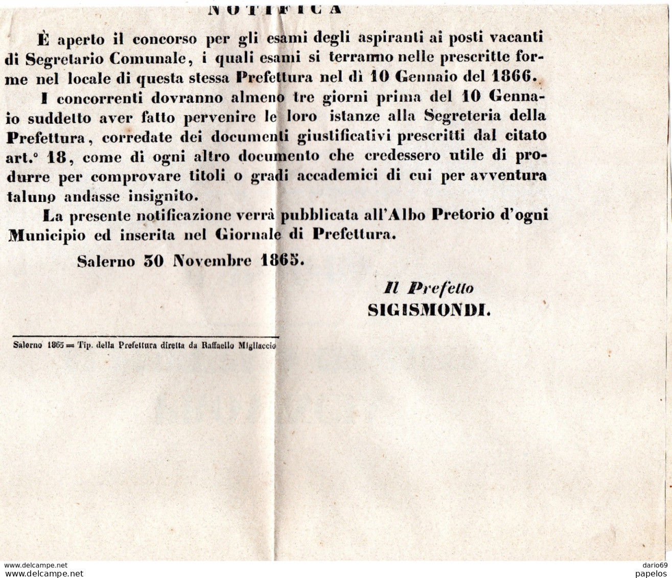 1865 SALERNO PRINCIPATO CITERIORE - CONCORSO PER ASPIRANTI SEGRETARI COMUNALI - Documents Historiques