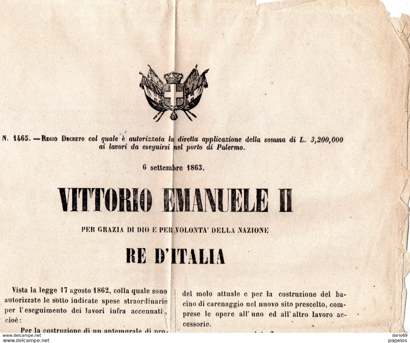 1863 MANIFESTO VITTORIO EMANUELE II - LAVORI DA ESEGUIRSI NEL PORTO DI PALERMO - Historische Dokumente