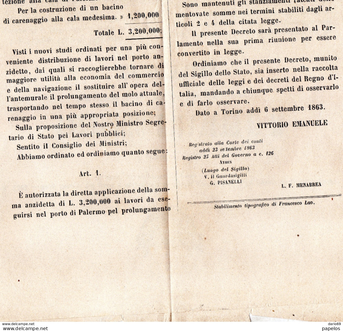 1863 MANIFESTO VITTORIO EMANUELE II - LAVORI DA ESEGUIRSI NEL PORTO DI PALERMO - Documentos Históricos