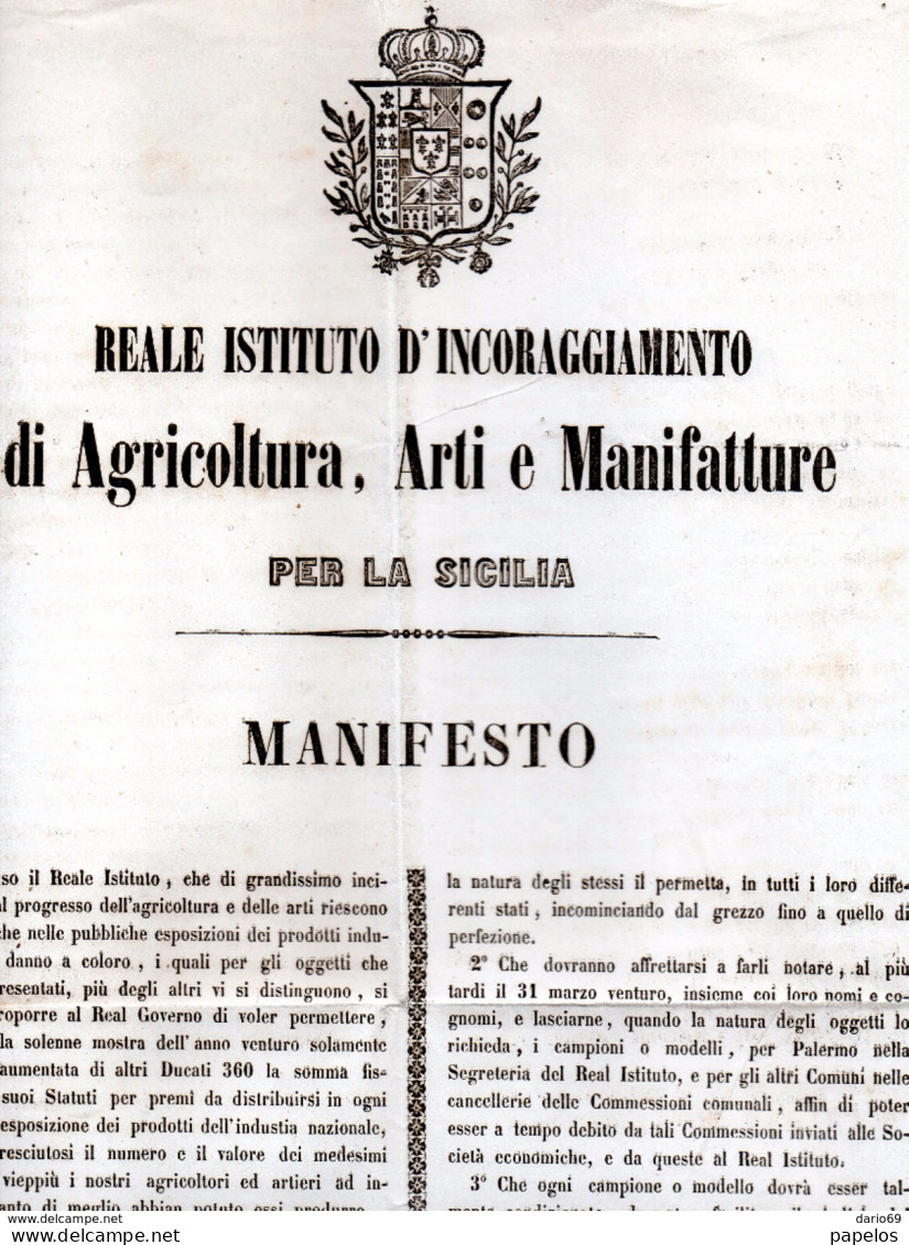 1856 PALERMO - REALE ISTITUTO D' INCORAGGIAMENTO DI AGRICOLTURA, ARTI E MANIFATTURE - Manifesti