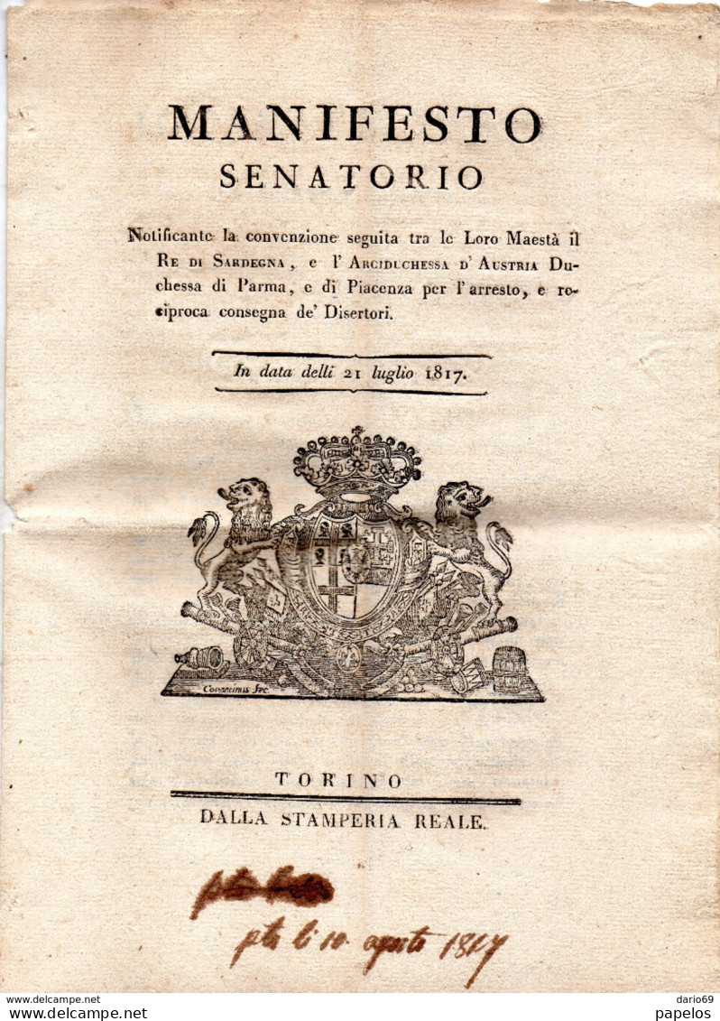 1817 MANIFESTO SENATORIO -  CONVENZIONE TRA IL RE DI SARDEGNA  E L'ARCIDUCHESSA D' AUSTRIA PER L'ARRESTO DEI DISERTORI - Documentos Históricos