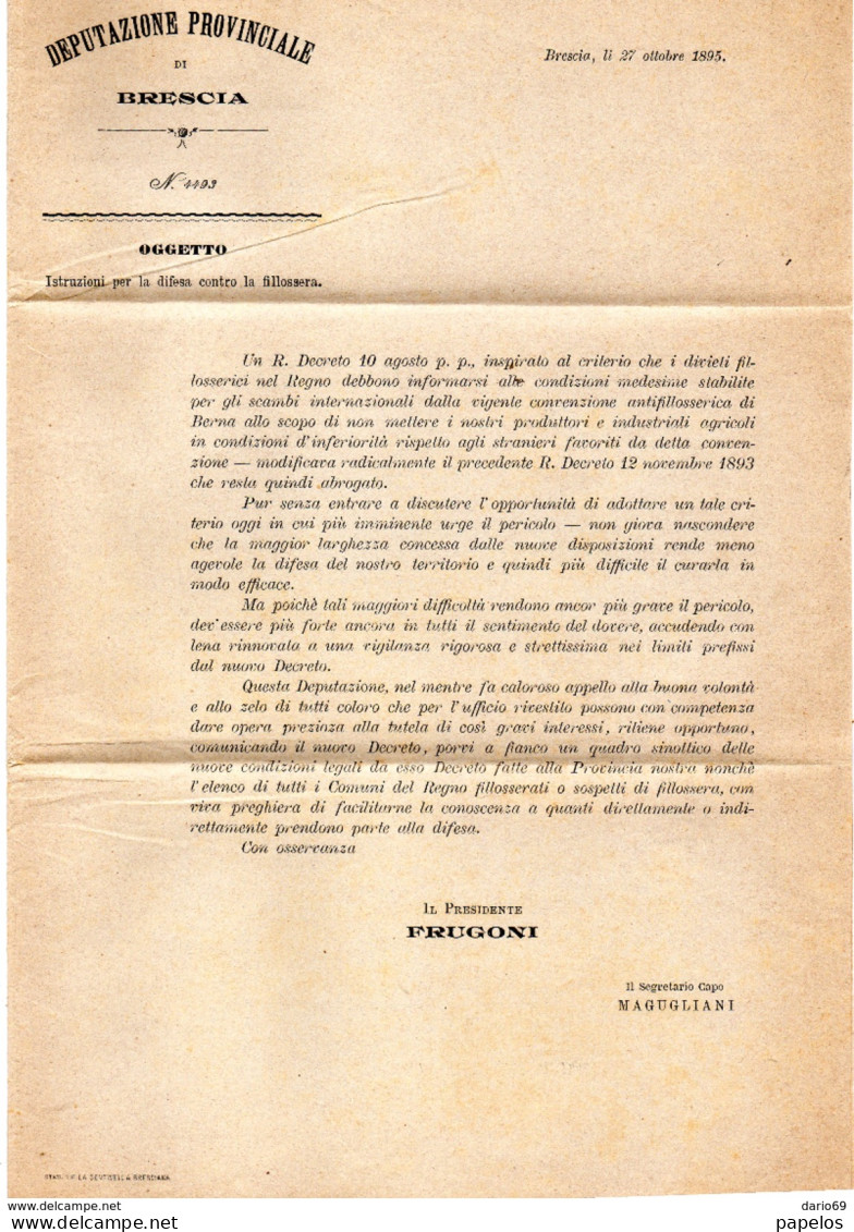 1895 LETTERA ISTRUZIONI CONTRO LA FILLOSSERA  CON ANNULLO BRESCIA  + VERIFICATO - Marcofilía