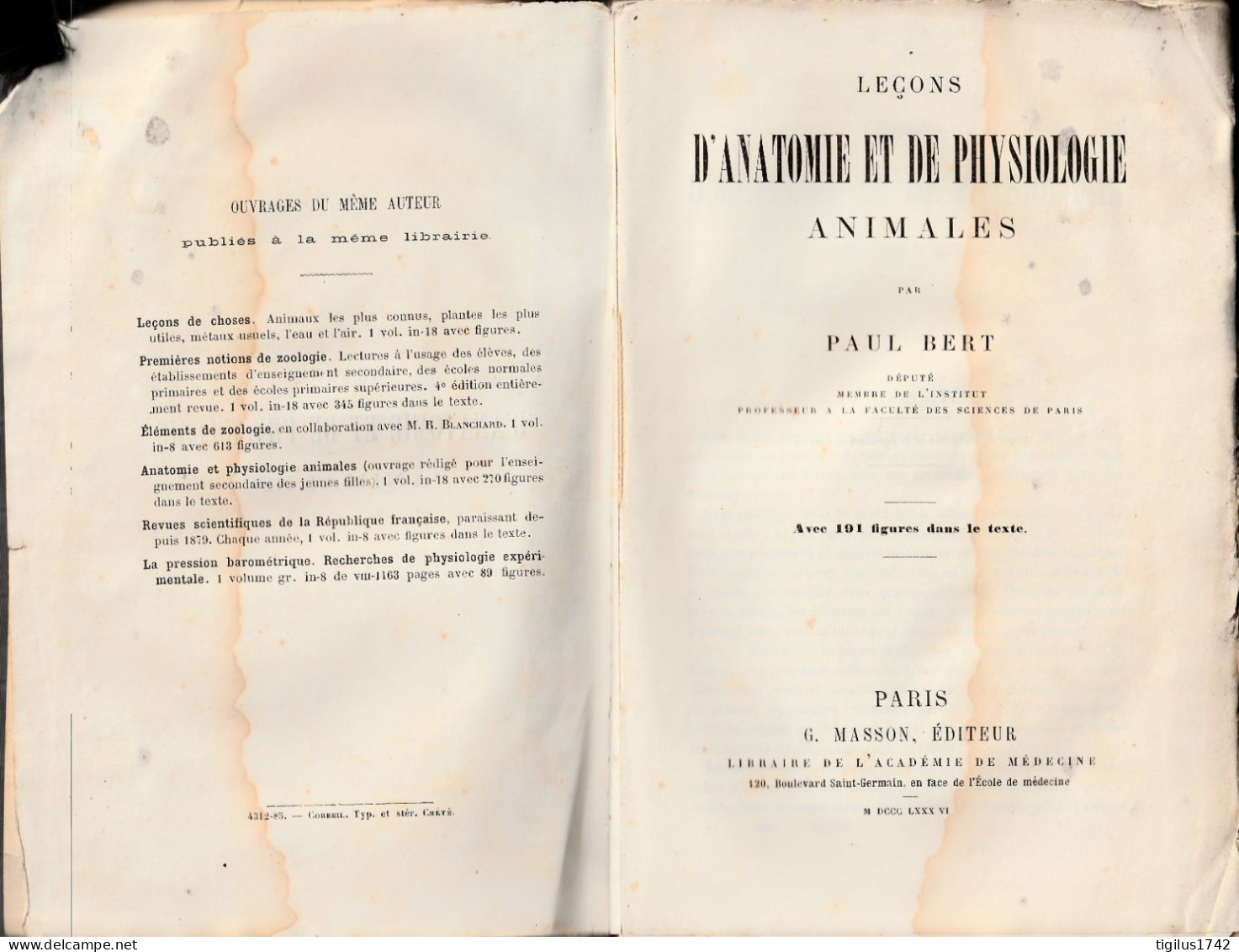 Paul Bert. Leçons D’anatomie Et De Physiologie Animales, Masson, Paris, 1886 - 1801-1900