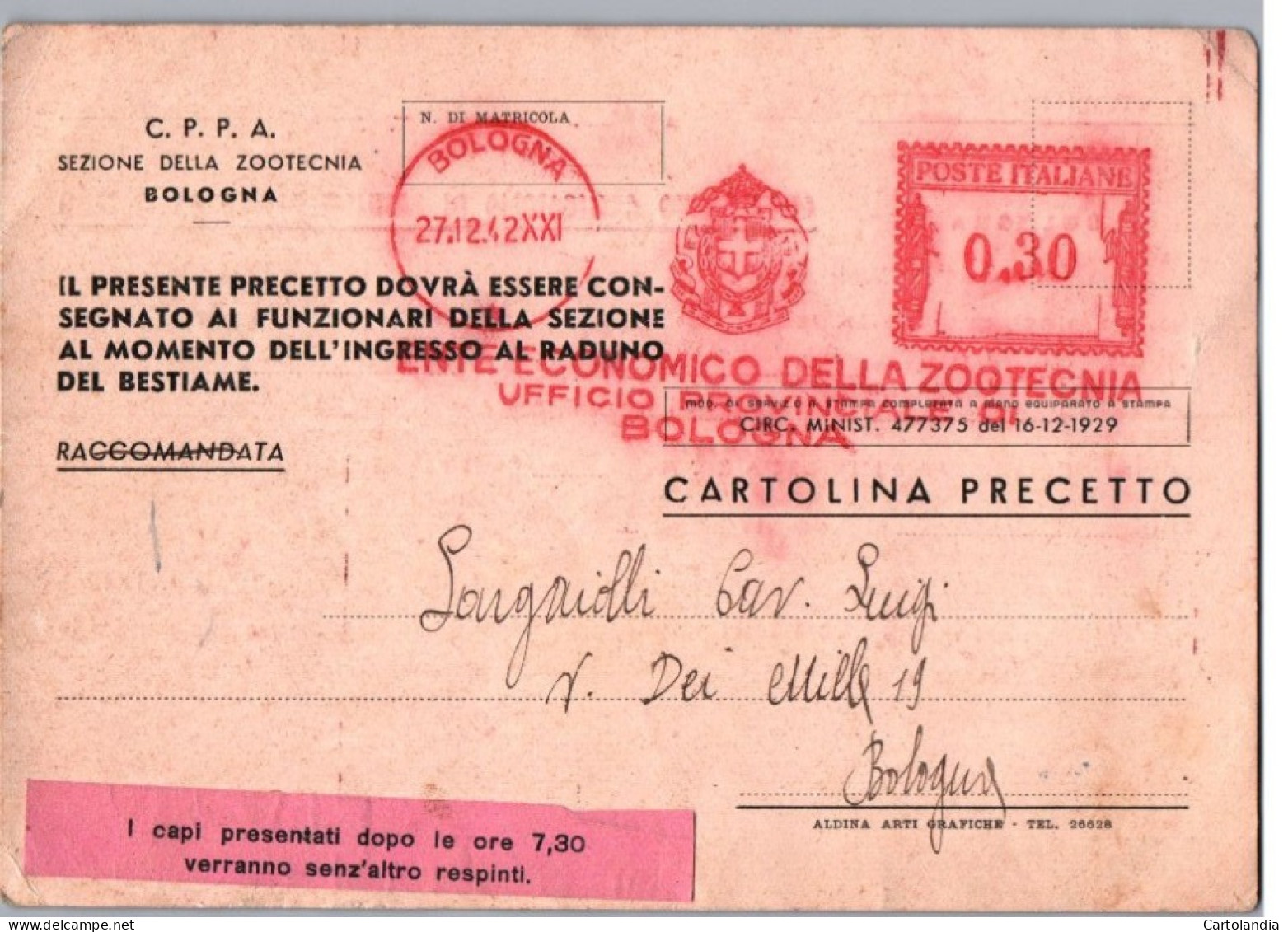 ITALIA 1942  -   Annullo Meccanico Rosso (EMA) Ente Economico Della Zootecnia Ufficio Provinciale Di Bologna - Maschinenstempel (EMA)