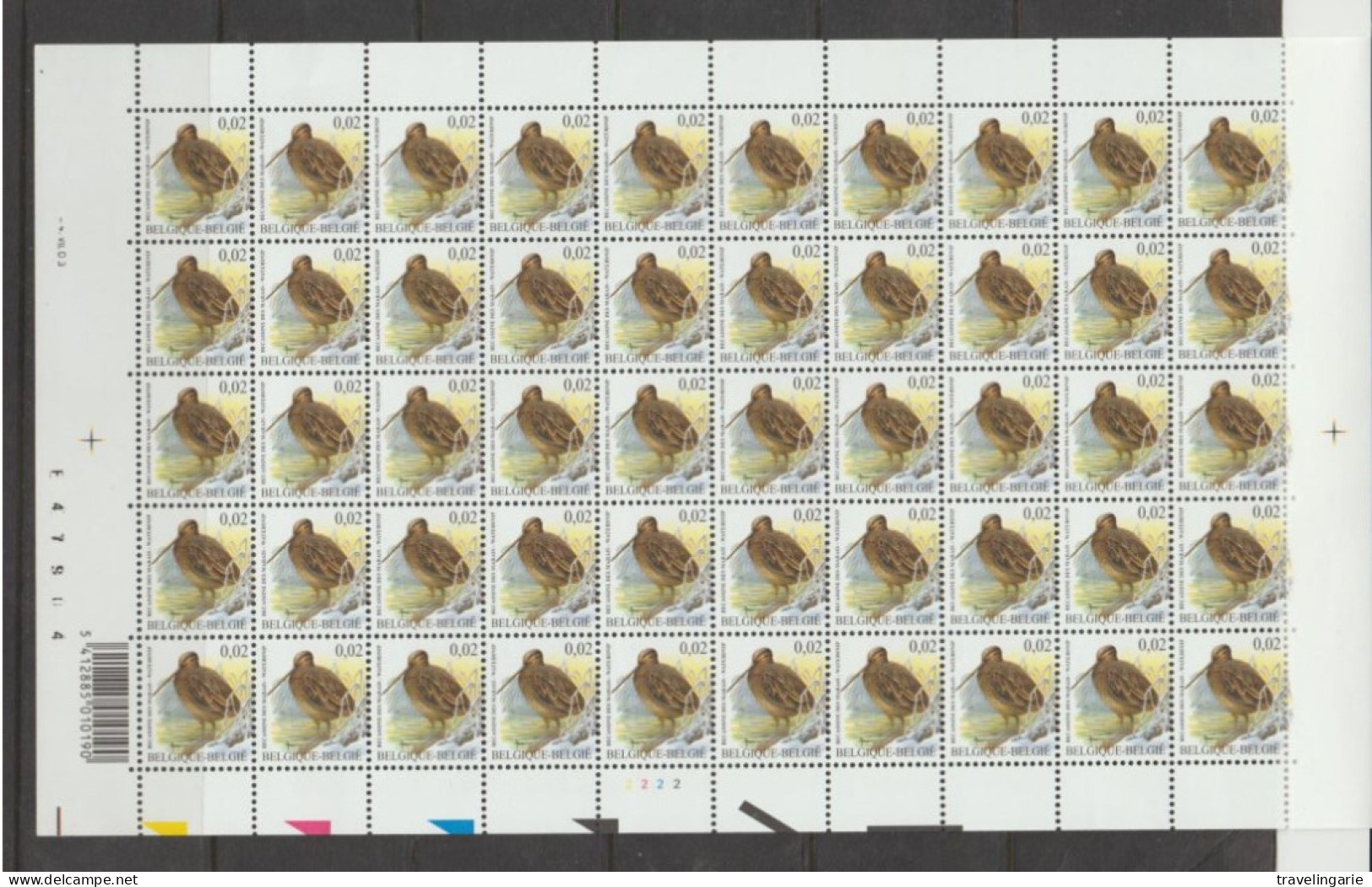 Belgium 2003 Birds Snipe € 0.02 Full Sheet Plate 1 MNH ** - 2001-2010