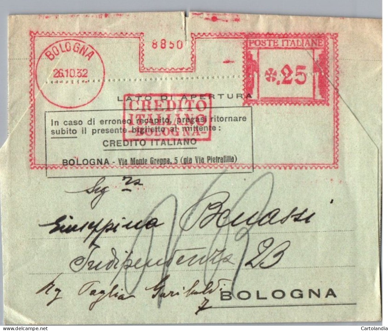 ITALIA 1932  -   Annullo Meccanico Rosso (EMA) Credito Italiano Bologna - Machines à Affranchir (EMA)