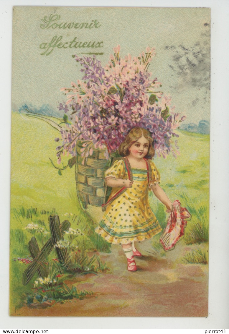 ENFANTS - LITTLE GIRL - Jolie Carte Fantaisie Gaufrée Fillette Avec Fleurs Lilas "Souvenir Affectueux " (embossed Card) - Disegni Infantili