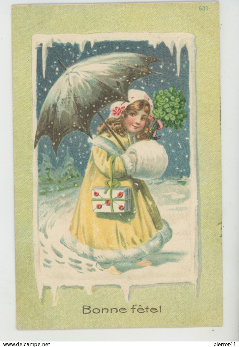 ENFANTS - LITTLE GIRL - Jolie Carte Fantaisie Gaufrée Fillette Avec Parapluie Sous La Neige "Bonne Fête" (embossed Card) - Children's Drawings