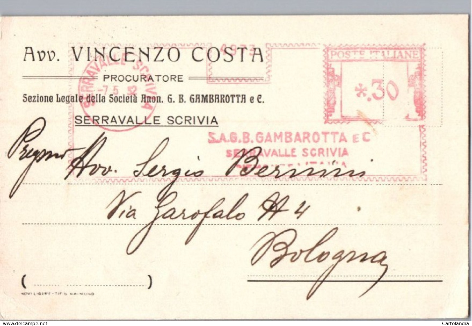 ITALIA 1932  -   Annullo Meccanico Rosso (EMA)  S.a.g.b.gambarotta E C Serravalle Scrivia - Frankeermachines (EMA)