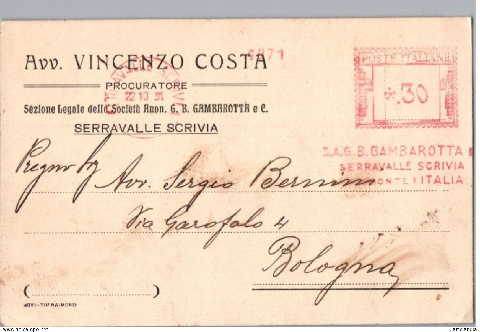 ITALIA 1931  -   Annullo Meccanico Rosso (EMA)  S.a.g.b.gambarotta E C Serravalle Scrivia - Machines à Affranchir (EMA)