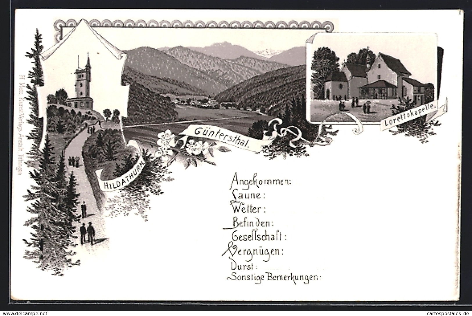 Lithographie Güntersthal / Freiburg, Panorama, Lorettokapelle, Hildaturm  - Freiburg I. Br.
