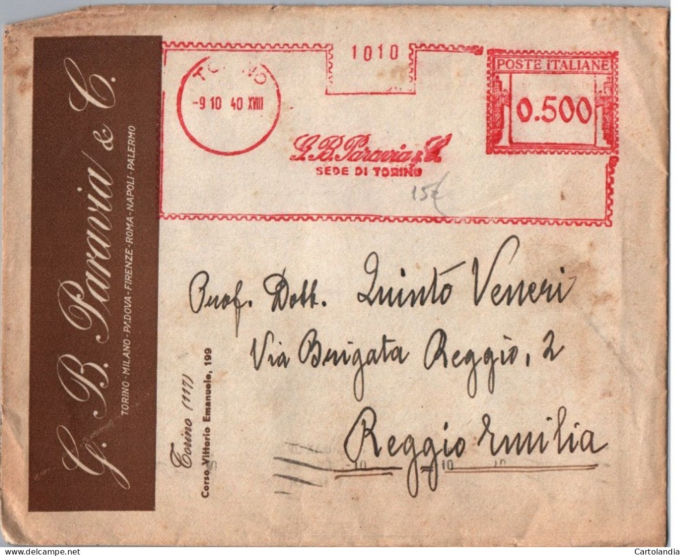 ITALIA 1940  -   Annullo Meccanico Rosso (EMA)  G. B . Paravia  & C Sede Di Torino - Macchine Per Obliterare (EMA)