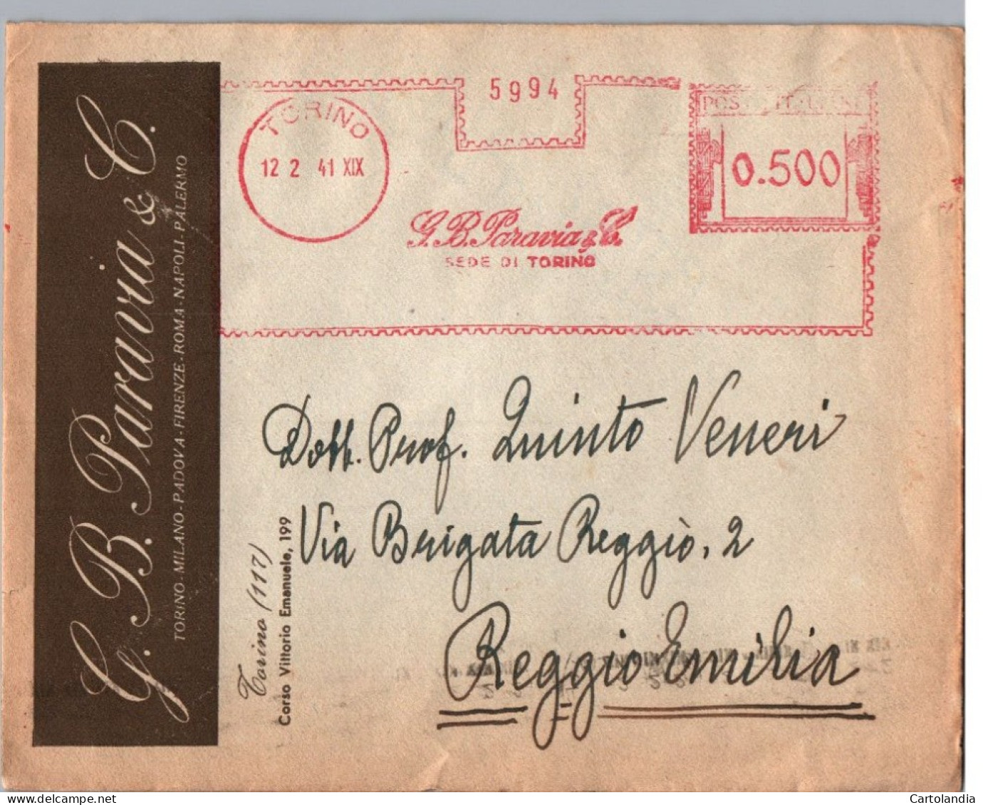 ITALIA 1941  -   Annullo Meccanico Rosso (EMA)  G. B . Paravia  & C Sede Di Torino - Macchine Per Obliterare (EMA)