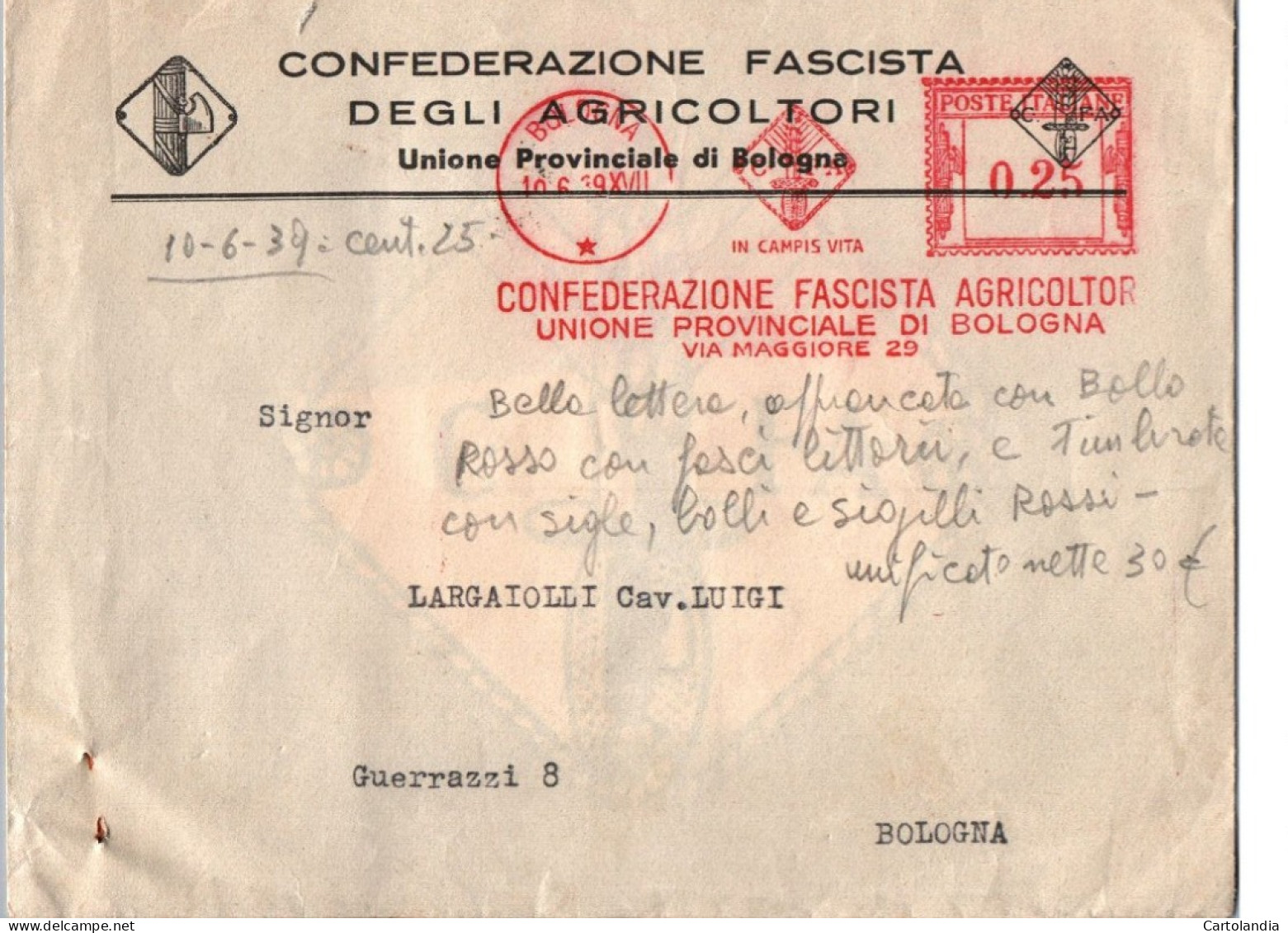 ITALIA 1939   -   Annullo Meccanico Rosso (EMA)  Confederazione Fascista Degli Agricoltori Bologna - Macchine Per Obliterare (EMA)