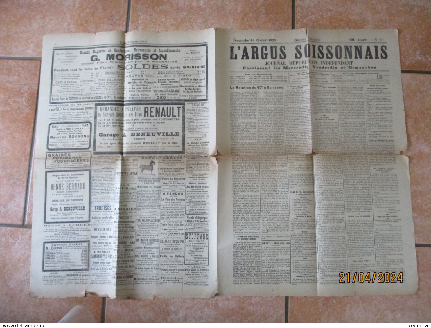 L'ARGUS SOISSONNAIS DU DIMANCHE 11 FEVRIER 1923 LE MAINTIEN DU 67e RI A SOISSONS,MAIRIE DE SOISSONS,PUBLICITES.......... - Other & Unclassified