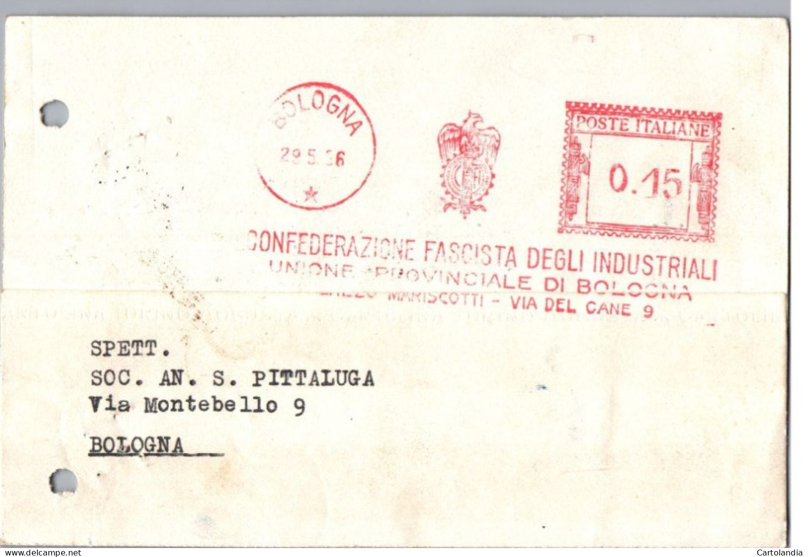 ITALIA 1936   -   Annullo Meccanico Rosso (EMA)  Confederazione Fascista Degli Industriali Unione Provinciale  Bologna - Franking Machines (EMA)