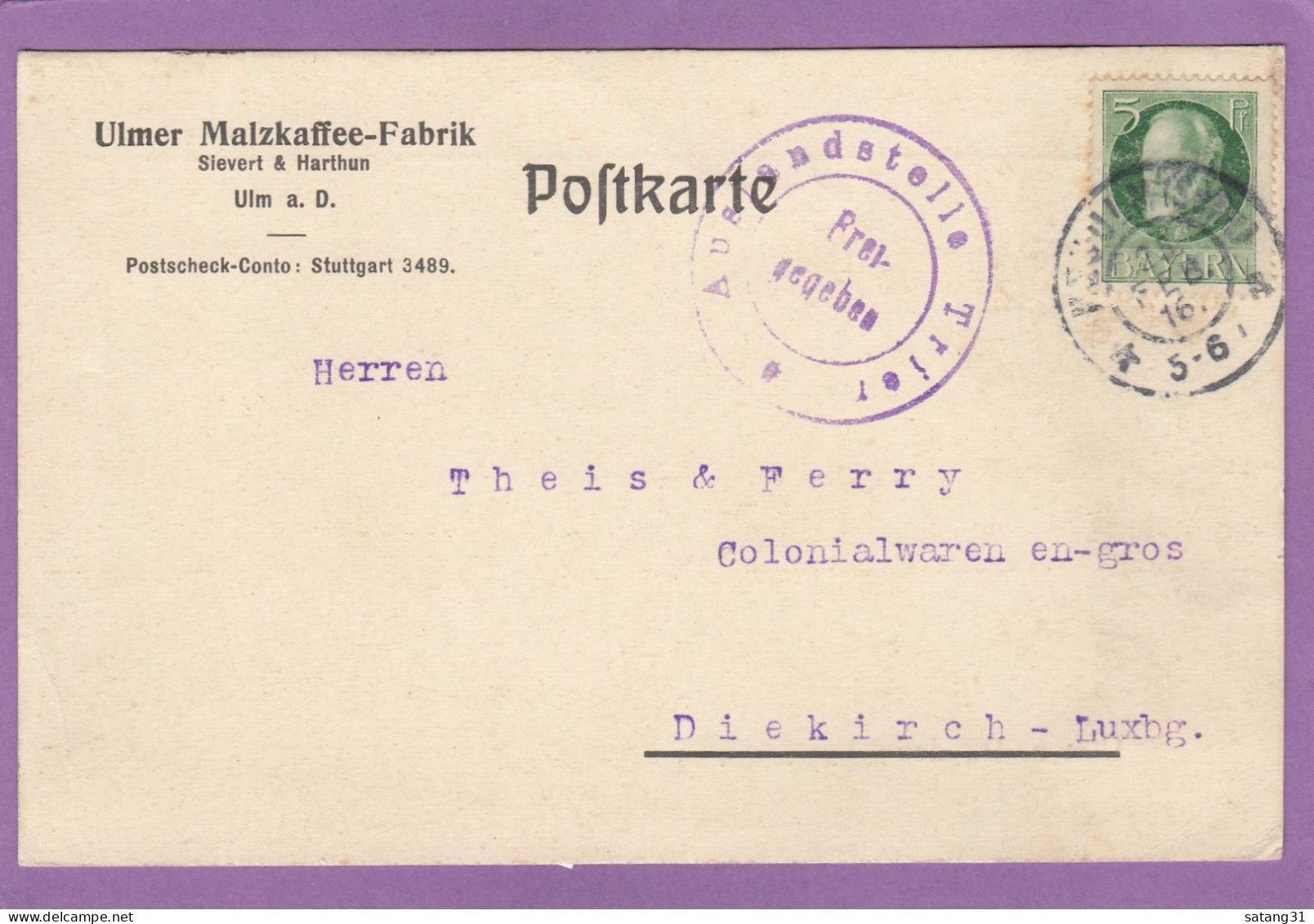 ULMER MALZKAFFEE FABRIK. FIRMENKARTE AUS ULM NACH DIEKIRCH,LUXEMBURG. TRIERER ZENSURSTEMPEL,1916. - Lettres & Documents