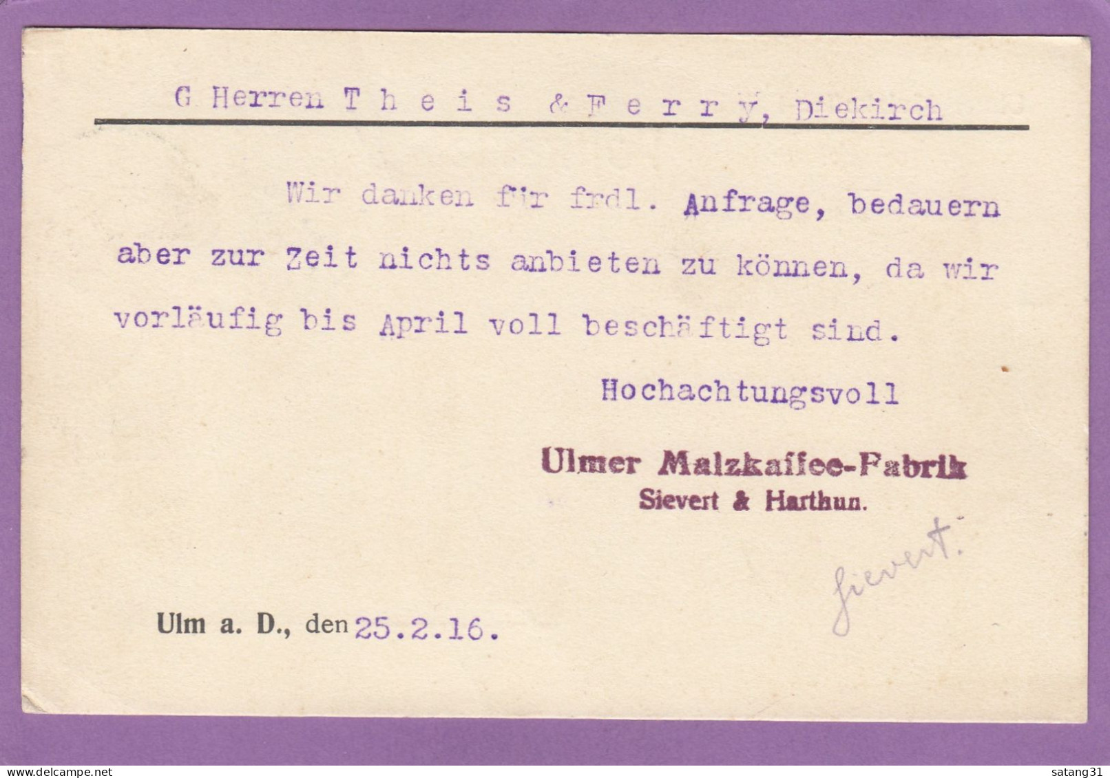 ULMER MALZKAFFEE FABRIK. FIRMENKARTE AUS ULM NACH DIEKIRCH,LUXEMBURG. TRIERER ZENSURSTEMPEL,1916. - Briefe U. Dokumente