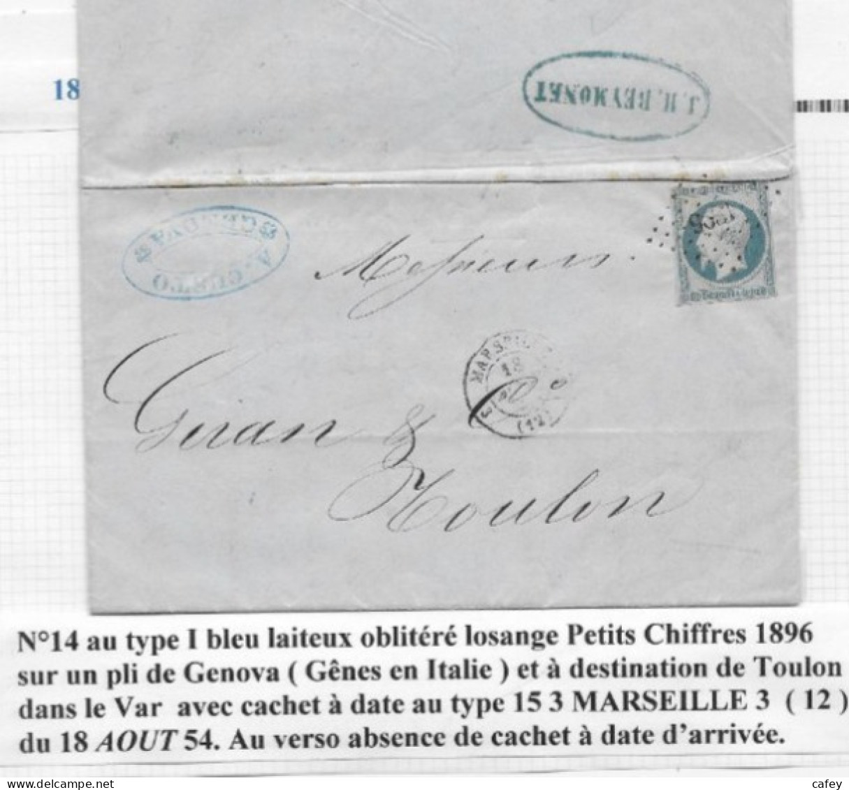 Lettre De GENOVA ITALIE 1854 Achemineur J.H.REYMONET Postée à MARSEILLE Timbre Empire N° 14 Càd Marseille - 1849-1876: Klassik