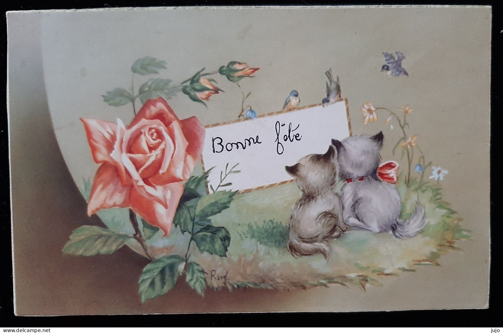 Bonne Fête  -  Deux Petits Chats  - Fleurs Roses - Oiseau - Autres & Non Classés