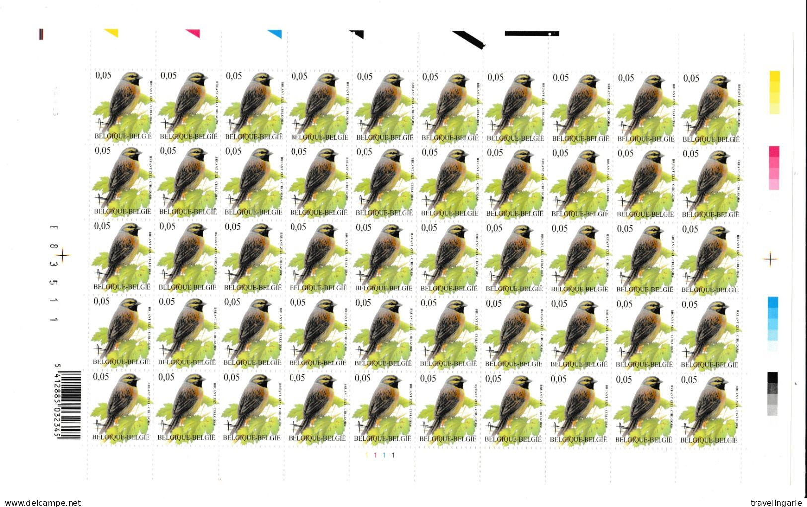 Belgium 2003 Cirl Bunting  € 0.05 Full Sheet Plate 1 MNH ** - Other & Unclassified