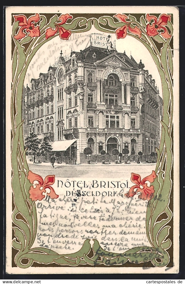 Lithographie Düsseldorf, Das Hotel Bristol Im Eckhaus, Florales Passepartout  - Düsseldorf
