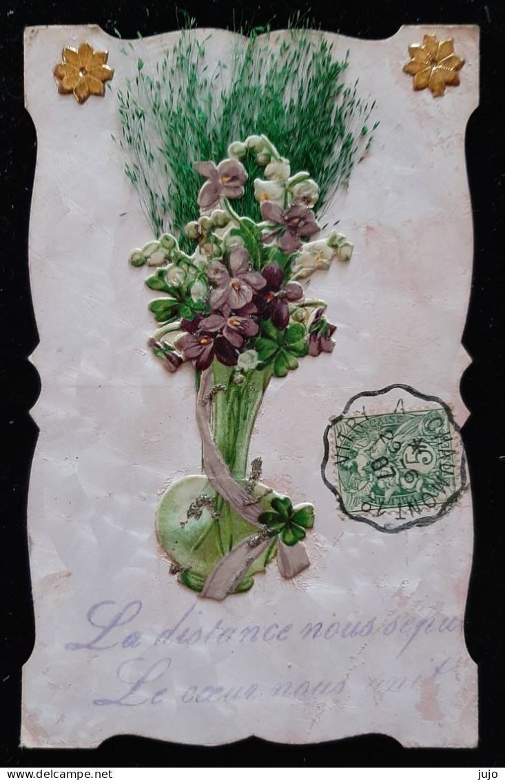 CPA - Fantaisie - Decoupi - Fleurs Violettes Muguet - Voeux : Ladistance Nous Separe Le Coeur Nous Unit - Autres & Non Classés