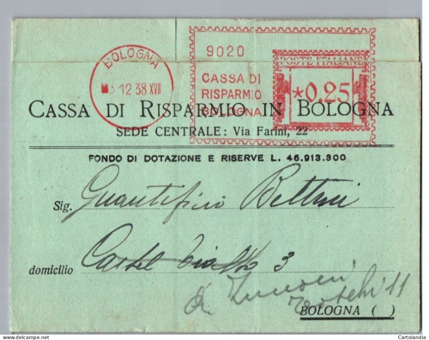 ITALIA 1938    -   Annullo Meccanico Rosso (EMA) Cassa Di Risparmio Bologna - Máquinas Franqueo (EMA)