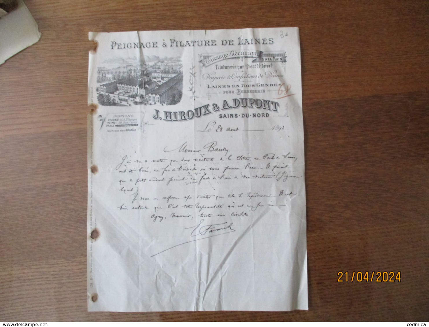 SAINS DU NORD J.HIROUX & A.DUPONT PEIGNAGE & FILATURE DE LAINES TISSAGE MECANIQUE A LA MAIN COURRIER DU 28 AOUT 1893 - 1800 – 1899