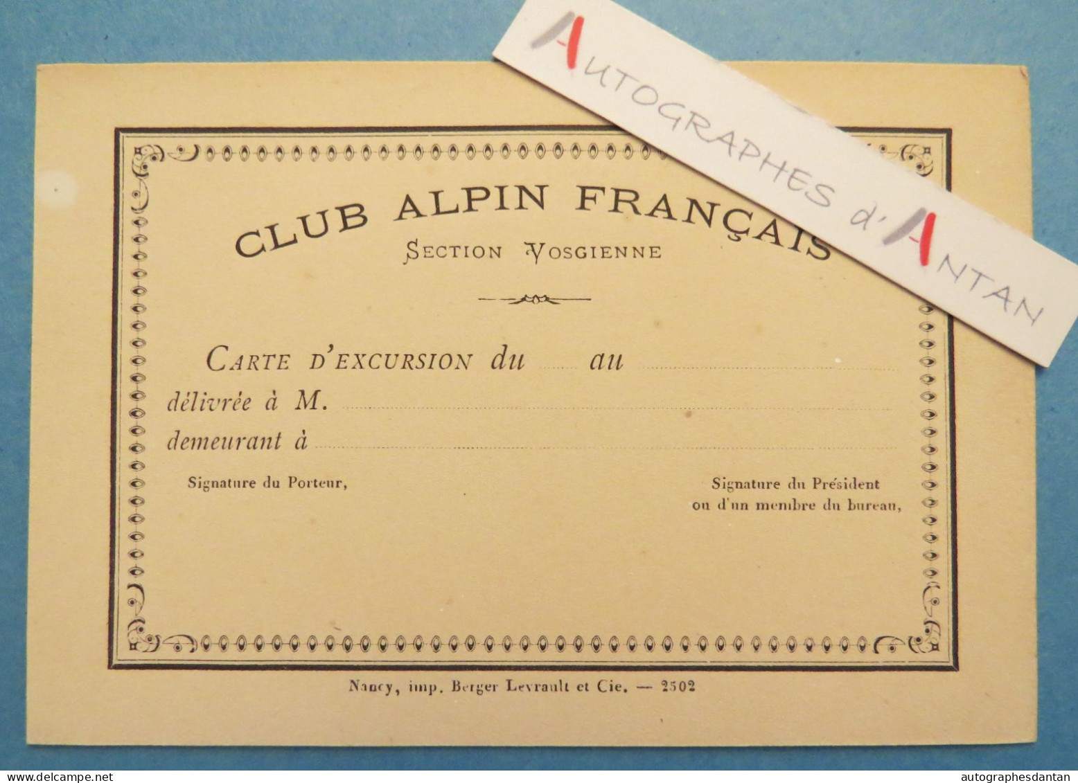 ● Club Alpin Français - Section Vosgienne - Vieille Carte D'excursion Vierge - (Vosges / Alpes / Ski / Cdv) - Membership Cards