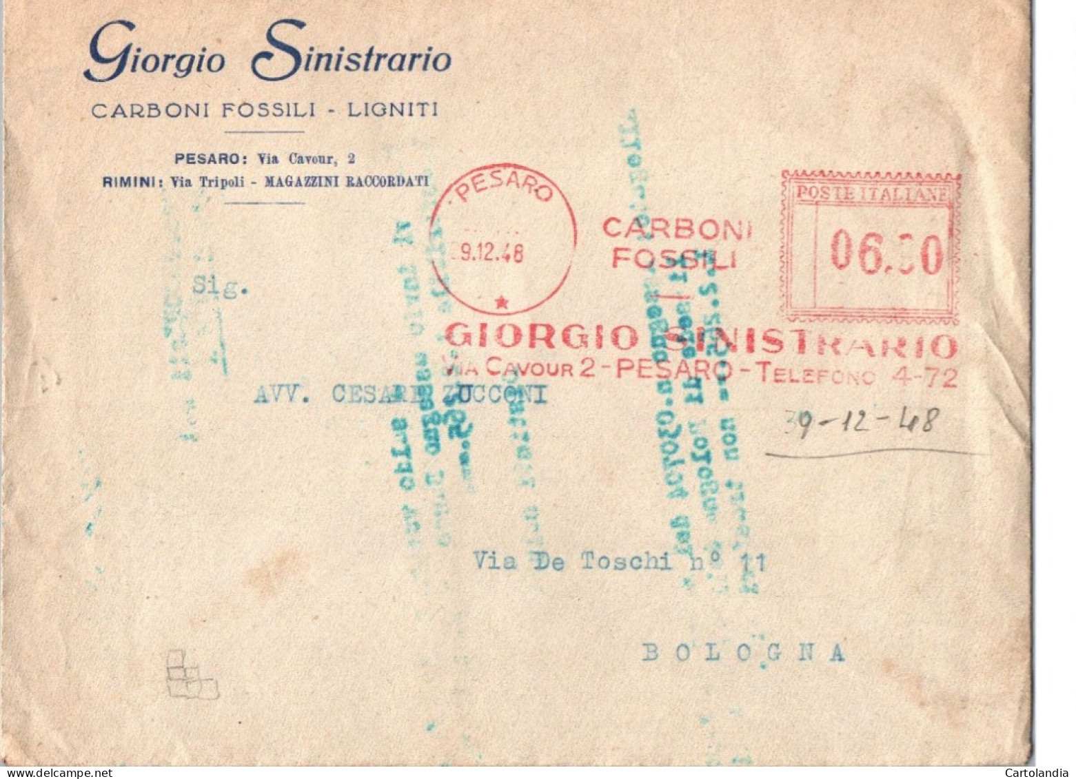 ITALIA 1933    -   Annullo Meccanico Rosso (EMA)  Carboni Fossili Giorgio Sinistriario Pesaro - Macchine Per Obliterare (EMA)