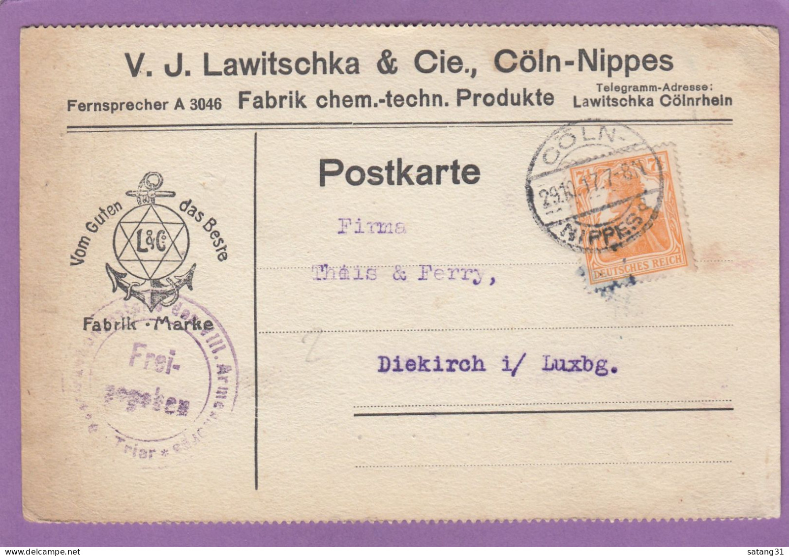 FIRMENKARTE AUS CÖLN-NIPPES NACH DIEKIRCH,LUXEMBURG.TRIERER ZENSURSTEMPEL,1917. - Briefe U. Dokumente