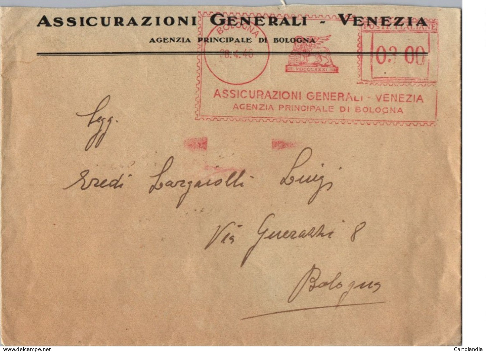 ITALIA 1940    -   Annullo Meccanico Rosso (EMA) Assicurazioni Generali Venezia Sede Bologna - Máquinas Franqueo (EMA)