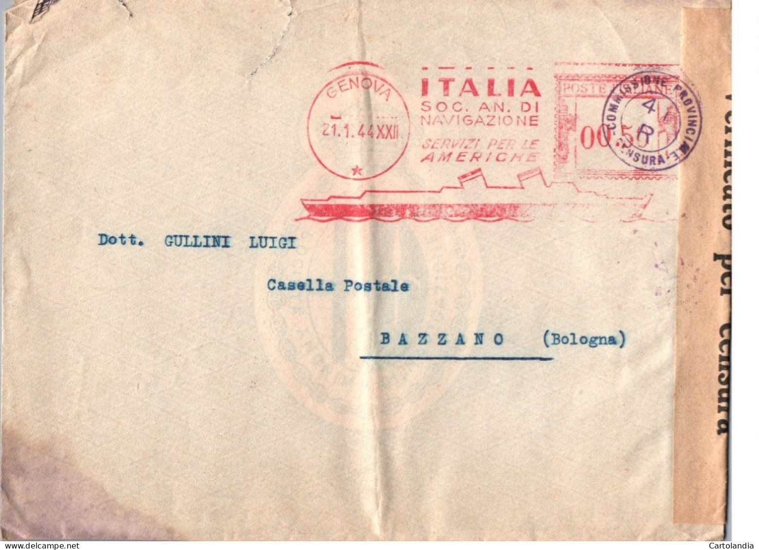 ITALIA 1944    -   Annullo Meccanico Rosso (EMA)  Soc. An. Di Navigazione Servizi Per Le Americhe - Macchine Per Obliterare (EMA)