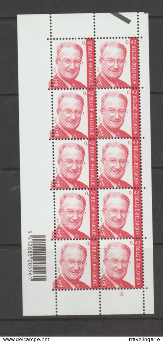 Belgium 2002 King Albert II € 0.42 Full Sheet Plate 5 MNH ** - 2001-2010