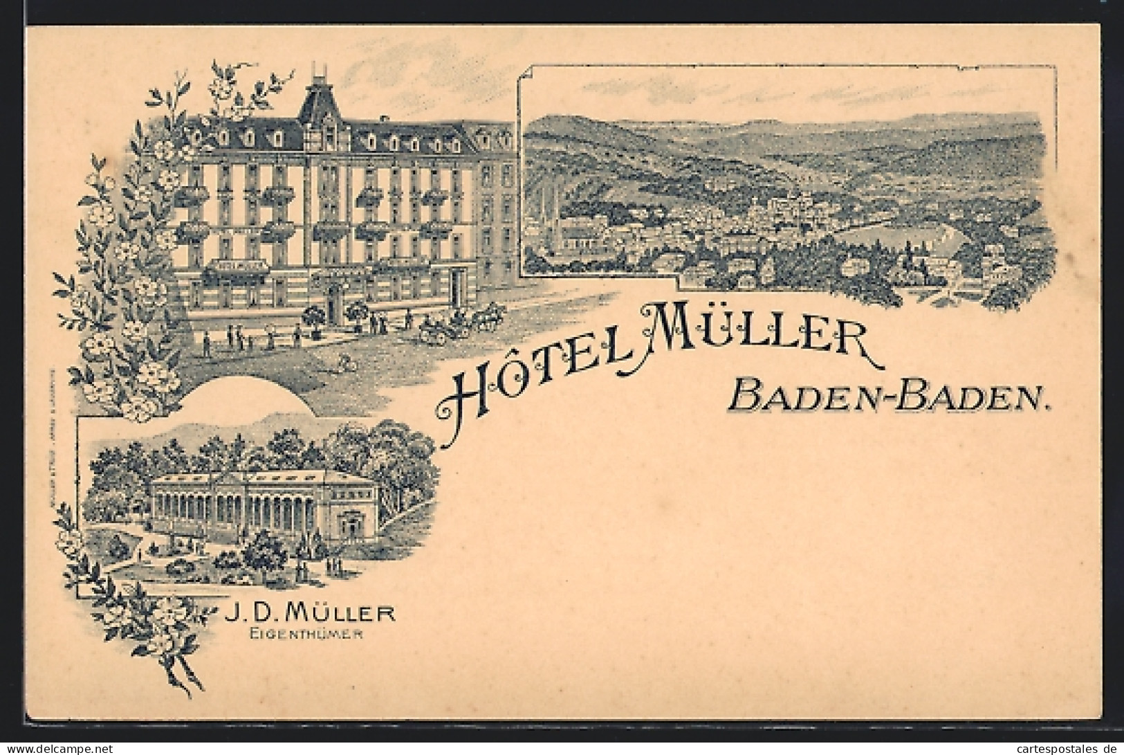Lithographie Baden-Baden, Hotel Müller, Ortsansicht Aus Der Vogelschau  - Baden-Baden