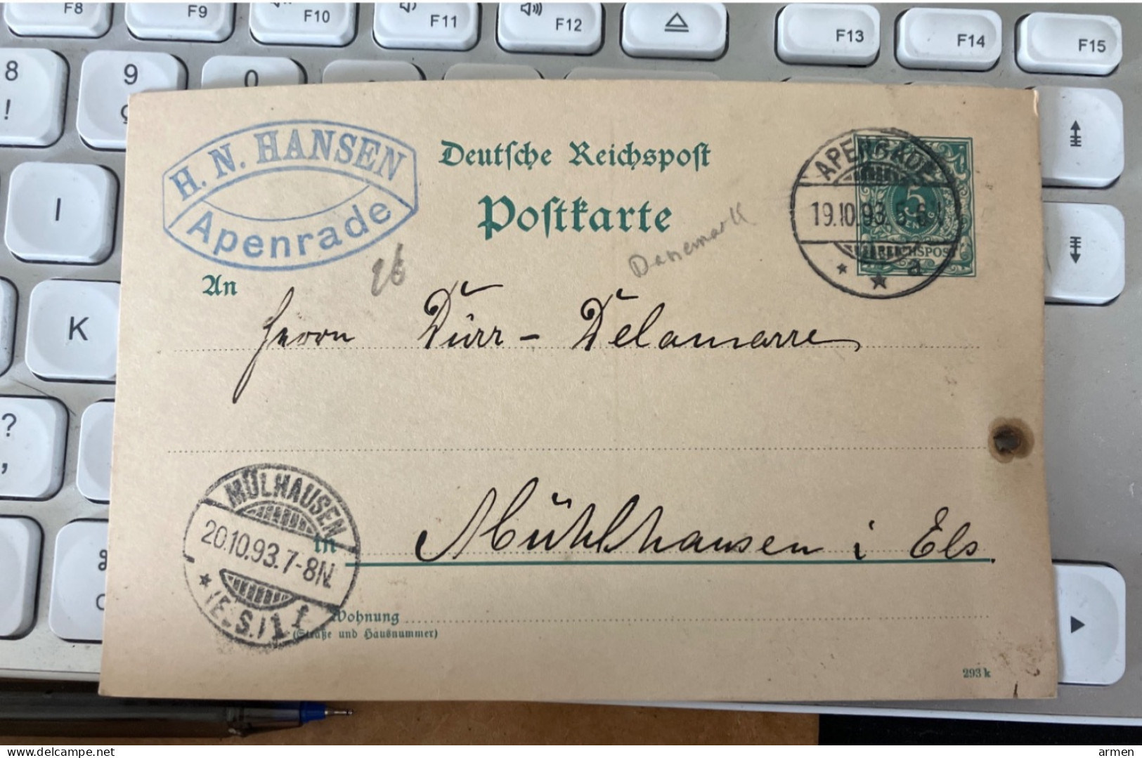 Entier Postal Danemark Danmark  Apenrade - Mulhouse 1893 H.N.Hansen - Postal Stationery