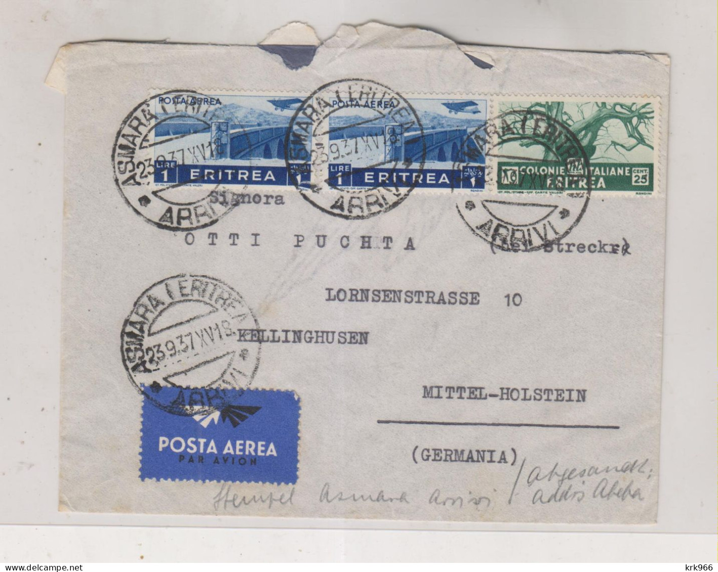 ITALY ERITREA 1937 ASMARA)  Nice Airmail Cover To Germany - Eritrea