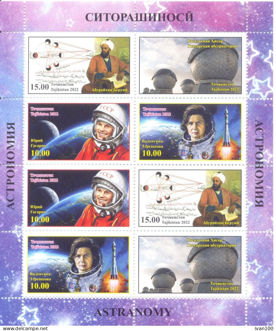 2022. Tajikistan, Space, Astronomy, Biruni,Y.Gagarin,V.Tereshkova, Sheetlet, Mint/** - Tajikistan