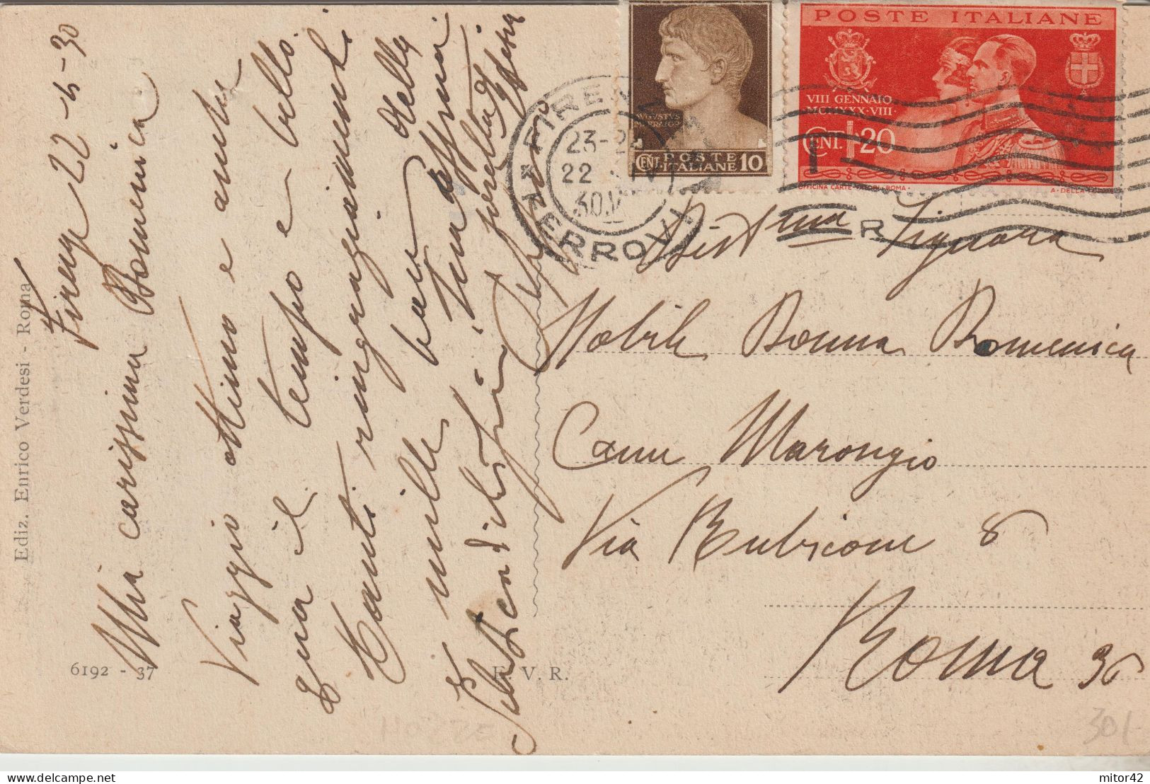 301-Regno-Storia Postale-20c. Commemorativo Nozze Reali-v.1930-Firenze-Roma - Marcophilie