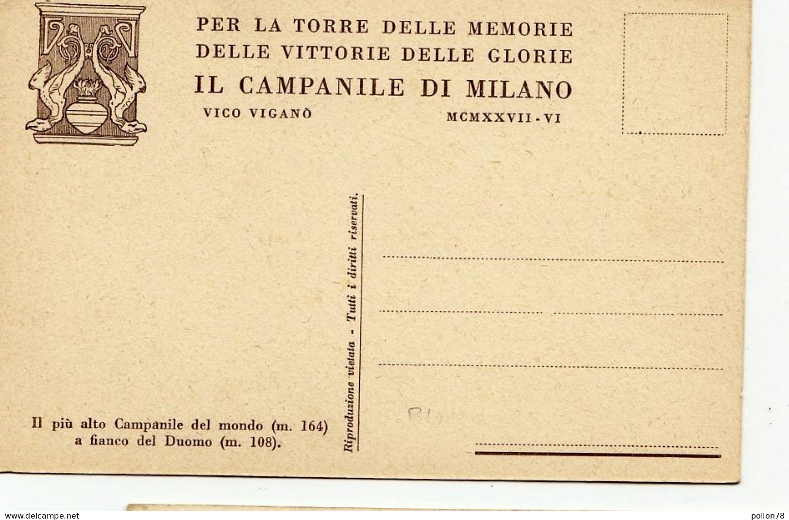 IL CAMPANILE DI MILANO - VICO VIGANO' - PER LA TORRE DELLE MEMORIE, DELLE VITTORIE, DELLE GLORIE - Vedi Retro - F.p - Milano