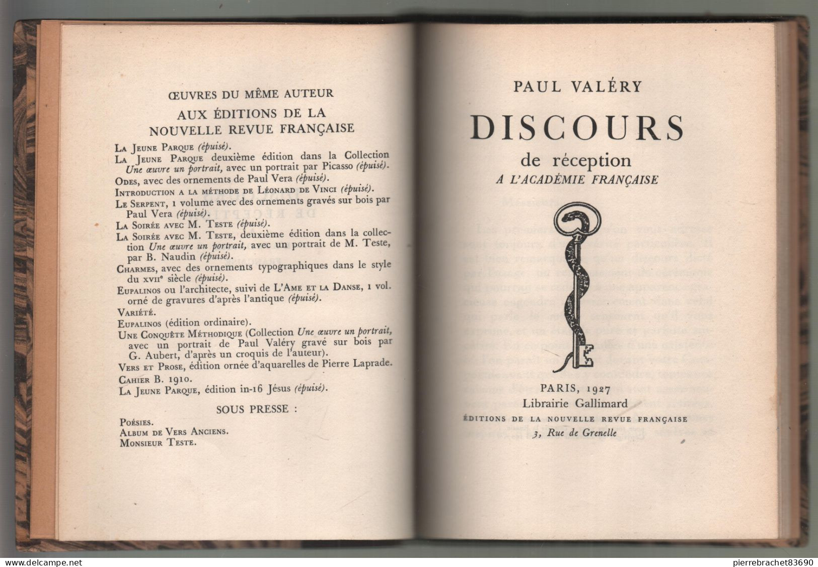 Paul Valéry. Discours De Réception à L'Académie Française. 1927. Numéroté - Sin Clasificación