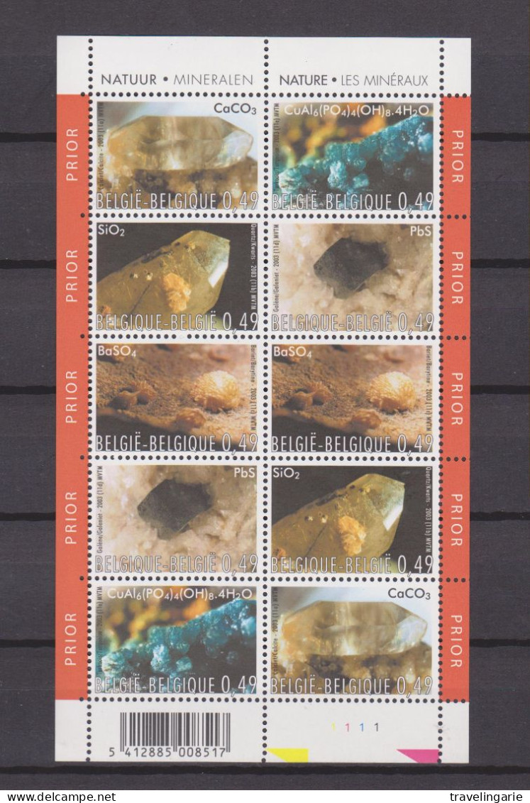 Belgium 2003 Minerals Sheetlet Of 10 Plate 1 MNH ** - Mineralien