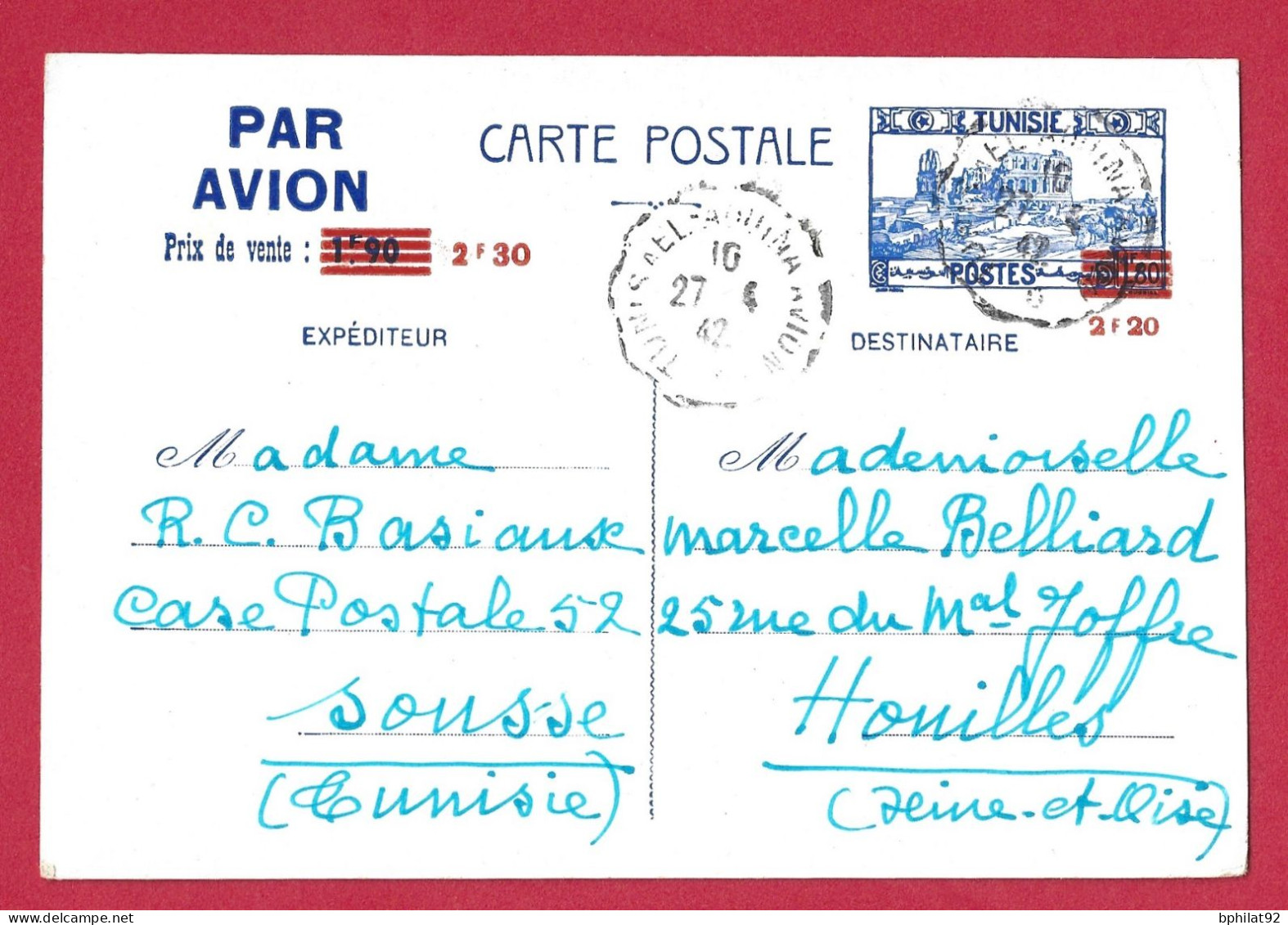 !!! TUNISIE, ENTIER POSTAL PAR AVION DE SOUSSE POUR LA FRANCE D'AVRIL 1942 - Poste Aérienne