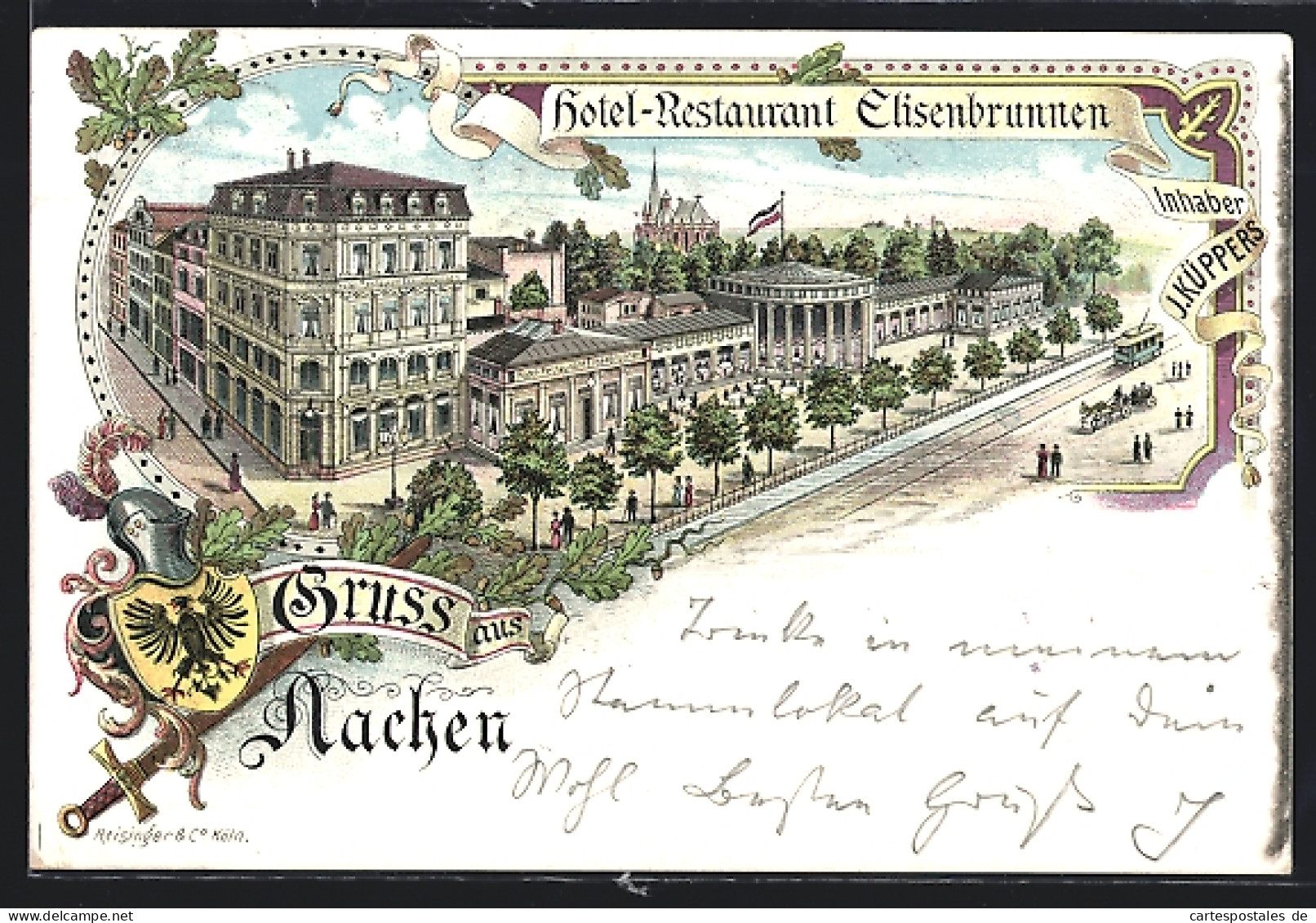 Lithographie Aachen, Hotel-Restaurant Elisenbrunnen, Strassenbahn  - Aken