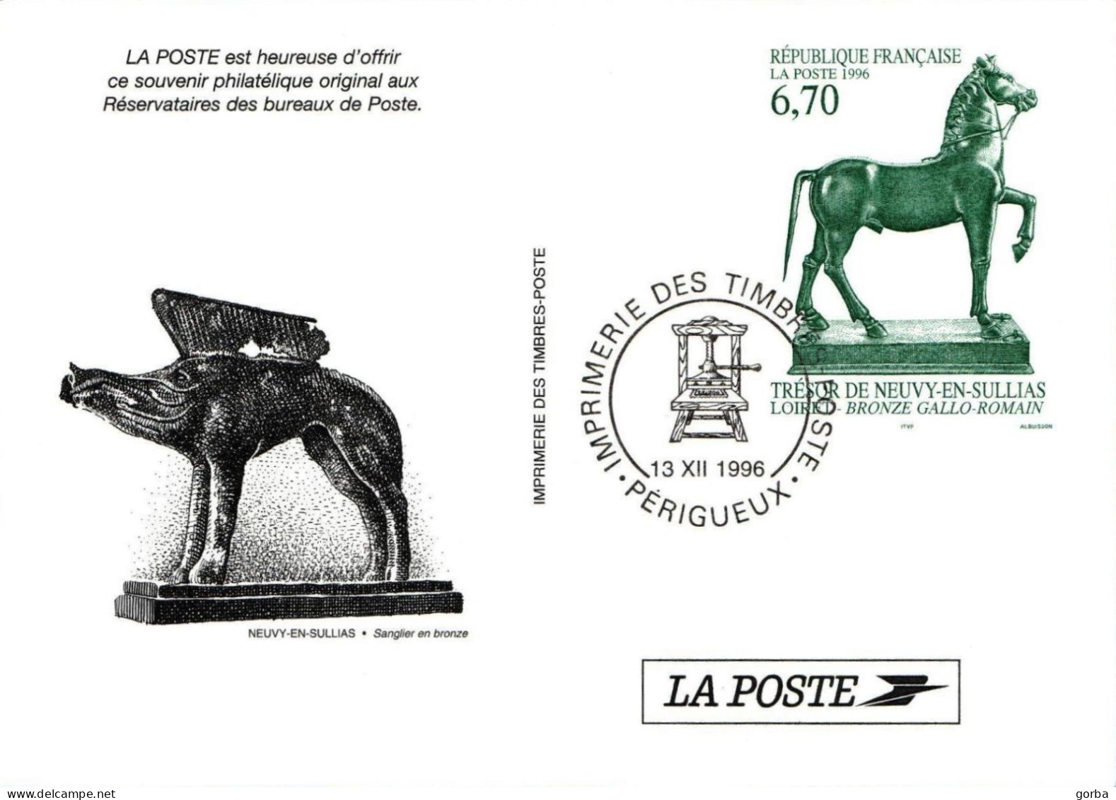 *Carte Souvenir Entier Postal - Bronze Gallo-Romain De NEUVY EN SULLINS (45) - Cachet Périgueux - Pseudo-officiële  Postwaardestukken