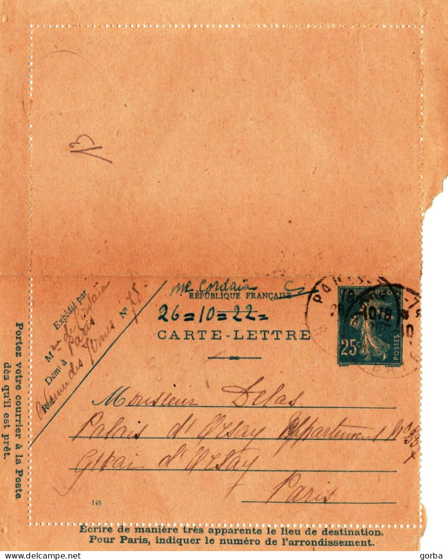 *Carte-Lettre - Entier Postal Type 25c Semeuse - Cachet PARIS 1922 - N° 149 - Cartes-lettres